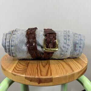 Vintage 90s Braided Slim Brass Buckle Preppy Dress Belt - Brown Tan Wms Small